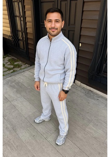 Erkek Çift Şeritli Eşofman Takım Dik Yaka Fermuarlı Sweatshirt Boru Paça Alt, Oversize 3 İplik Pamuk Gri