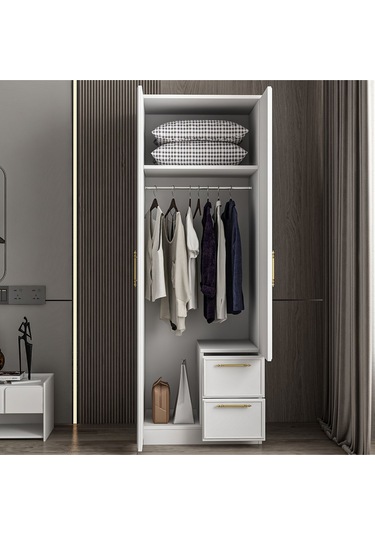 Vespera Çıta Detaylı, 2 Kapaklı, Çekmeceli Gardırop Beyaz, 60 Cm