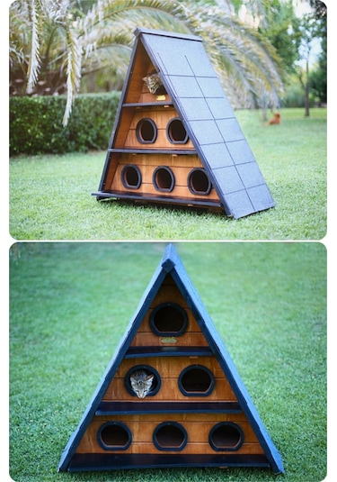 "MANDU” Ahşap Üçgen Kedi Evi (Büyük Boy)