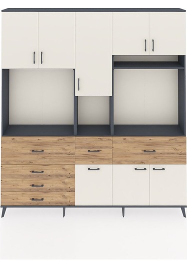 Arges Dolap 10 Raflı 6 Çekmeceli 8 Kapaklı 220x30x243 Antrasit-aytaşı/çam Aytası/atlas Çam