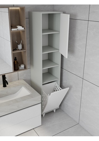 Riva Çamaşır Sepetli Banyo Dolabı Külgri Renk Gri
