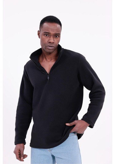 Freemen Erkek Fit Dik Yaka Yarım Fermuarlı Sweatshirt Polar Siyah