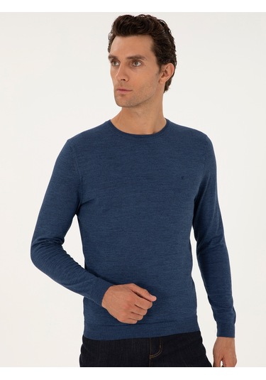 Cacharel İndigo Slim Fit Yün Karışımlı Bisiklet Yaka Basic Triko Kazak Mavi