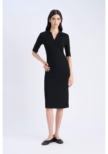 DeFacto Bodycon Vücudu Saran Polo Yaka Fitilli Kaşkorse Kısa Kollu Midi Elbise E6806AX25SPBK27