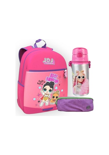 Surprise Anaokul Çantası + Çift Gözlü Kalemlik Lisanslı Aluminyum Matara Suluk 500ml 2 Pembe