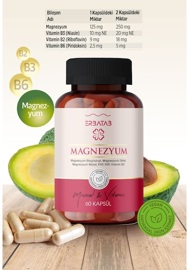 Erbatab Magnezyum Bisglisinat Sitrat Malat & Vitamin B2 B3 B6 3'lü Form 60 Kapsül
