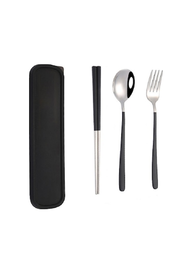 Sones 3 Adet / Set Taşınabilir Paslanmaz Çelik Sofra Takımı Yaratıcı Set Çubuk Kaşık Çatal Hediye, Renk: Siyah
