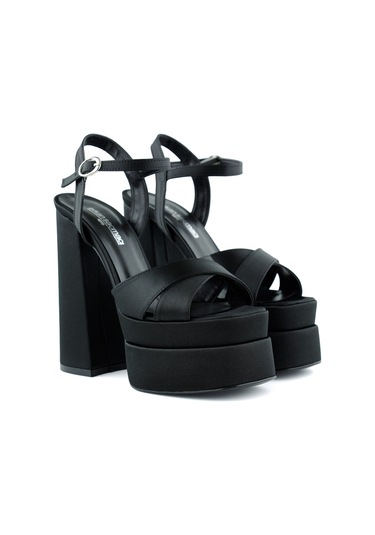 Erkan Saçmacı Whitney Siyah Saten Önü Arkası Açık Çift Platformlu Bantlı Kalın Topuklu Abiye Ayakkabı Siyah