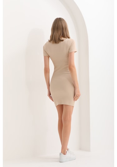 Kallima Bej Kısa Kollu Mini Fitilli Esnek Kalem Elbise