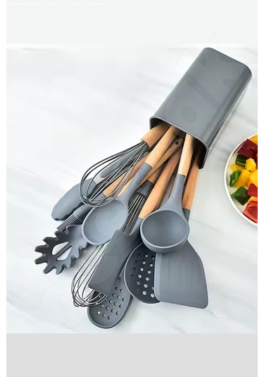 Gri 11'li Bambu Saplı Silikon Servis Seti - Kepçe, Kevgir, Maşa