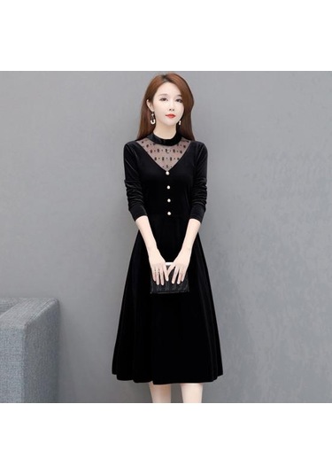 Ofis Bayan Zarif Kadife Elbise O-boyun Hollow Out Örgü Iplik Dikiş Evaze Elbise Uzun Kollu Düğmeler Dekor Gevşek Hem Midi Elbise Kırmızı Ofis Bayan Zarif Kadife Elbise O-boyun Hollow Out Örgü Iplik Dikiş Evaze Elbise Uzun Kollu Düğmeler Dekor Gevşek Hem Midi Elbise Kırmızı