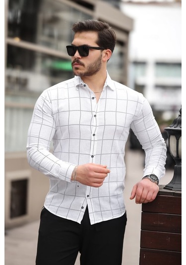 Erkek Kare Desenli Gömlek Beyaz