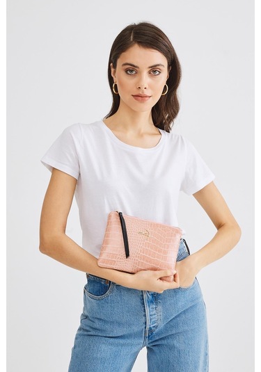 Deri Company Kadın Basic Clutch Çanta Kroko Timsah Desen Pudra (4031-P) 214030 Pembe