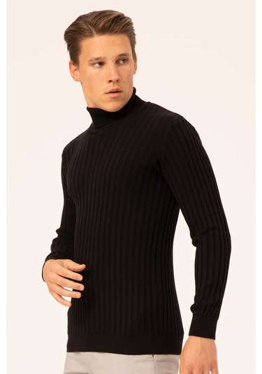 Ateş Triko Erkek Balıkçı Yaka Slim Fit Fitilli Triko Kazak 6091288 Siyah Siyah