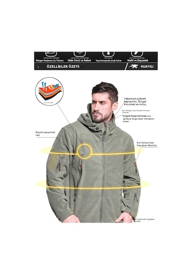 Erkek Sonbahar/kış Polar Astarlı Kapüşonlu Sıcak Kalın Polar Ceket Gri