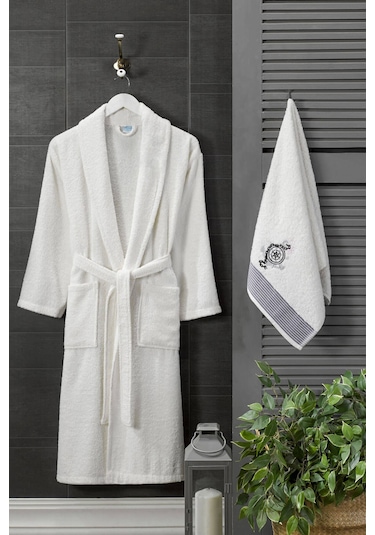Şalyaka Kadın Erkek Pamuklu Havlulu Banyo Bornoz Takımı Beyaz - Gri