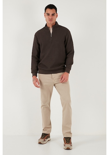 Buratti Pamuklu Regular Fit Yarım Fermuarlı Dik Yaka Erkek Sweat 5905716 Koyu Kahve