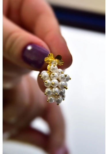 925 Ayar Gümüş Gold Kaplama Frezya Çiçeği Incili Üzüm Küpe