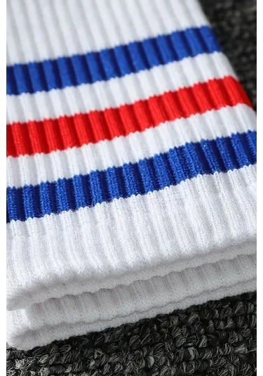 Unisex 3 Çift Premium Kalite Yüksek Pamuklu Kolej Çorap Mavi Kırmızı Çizgili Beyaz