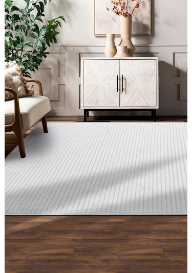 Lidya Bukle Beyaz Çizgili Halı Kaydırmaz, Kadife Hissi, Kolay Temizlik, Antibakteriyel, Modern Beyaz