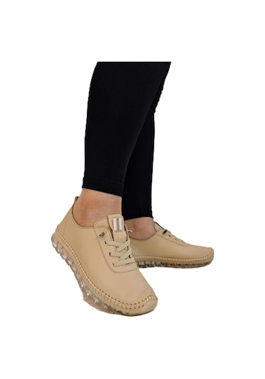 Voyager 9050 Bej Hakiki Deri Şeffaf Taban Bayan Ayakkabı Bej