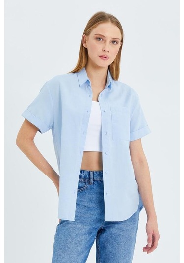 3950 Kadın Oxford Kısa Kollu Basic Gömlek Bebe Mavi Bebe Mavi