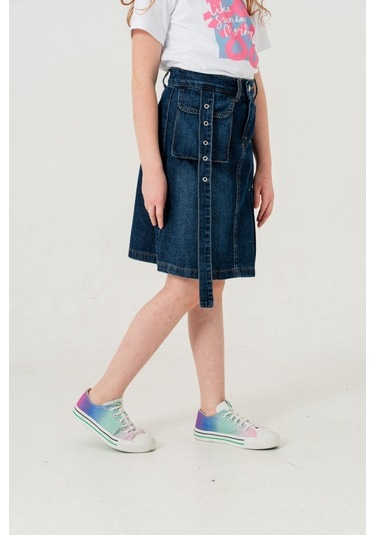 Kız Çocuk Sol Pileli Kot Etek 2955 Koyu Mavi