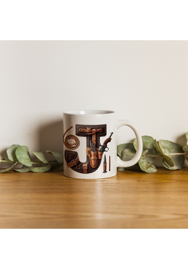 J Harfi Kovboy Temalı Bardak 330 Ml İsim / Harf Kişiye Özel Hediye - Vahşi Batı Konsept Beyaz