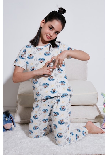 Lela % 100 Pamuk Bisiklet Yaka Kısa Kollu Kız Çocuk Pijama Takımı 6651004 Ekru-Mavi