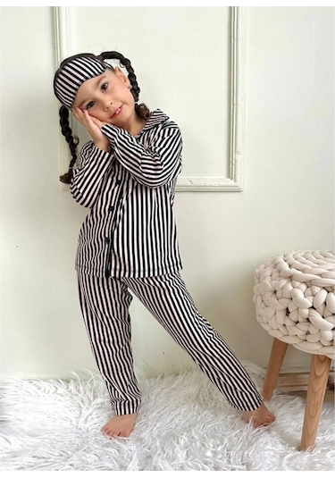 Kız Çocuk Düğmeli Cizgili Ayıcık Desenli Uzun Kollu Pijama Takımı-928 Bej
