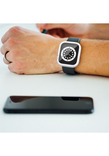 Apple Watch Series 1 / 2 / 3 42 Mm Dokulu Saat Kılıfı Temperli Cam Ekran Koruyuculu Darbeye Dayanıklı Kılıf - Beyaz