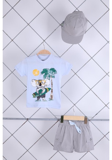 Babyhola 3'lü Tişört Keten Şort Şapka Erkek Bebek Çocuk Bayramlık Alt Üst Takım Elbise 02101 Mavi