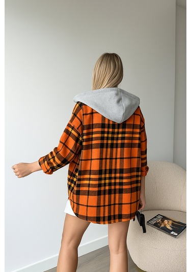 Kadın Desenli Renkli Oduncu Oversize Bol Ve Geniş Kalıp Casual Çift Kapüşonlu Ceket Gömlek Turuncu