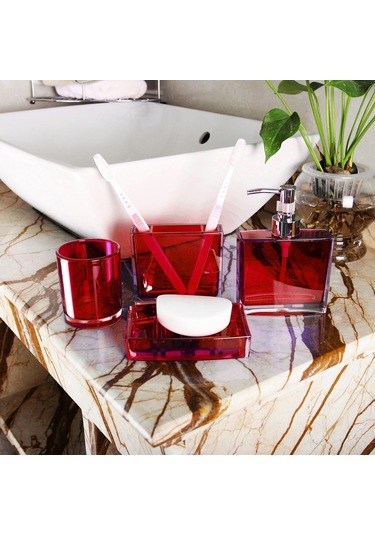 Suntek 4x Losyon Dispenser Bardak Diş Fırçası Tutucu Seti Kırmızı