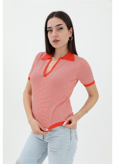 İnce Çizgili Polo Yaka Triko Kazak - Turuncu - Kadın