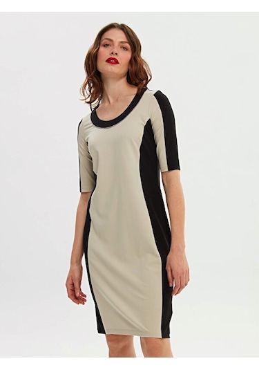 Renk Bloklu Zincir Nakış Detaylı Örme Elbise 66294 001