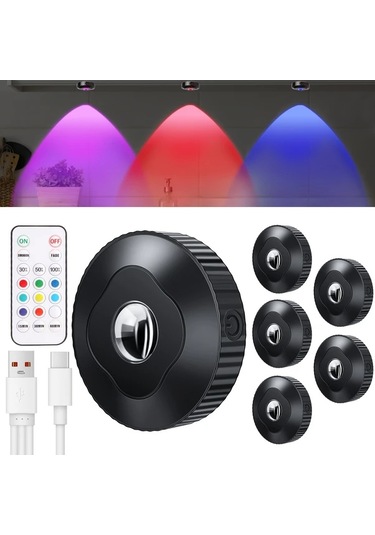 Xuweiwei 6 Adet Disk Işıklar Led Işıklar Dolap Altı Işıkları Şarj Edilebilir 1000mah Pil Rgb Işıklar Usb Şarj Ahşap