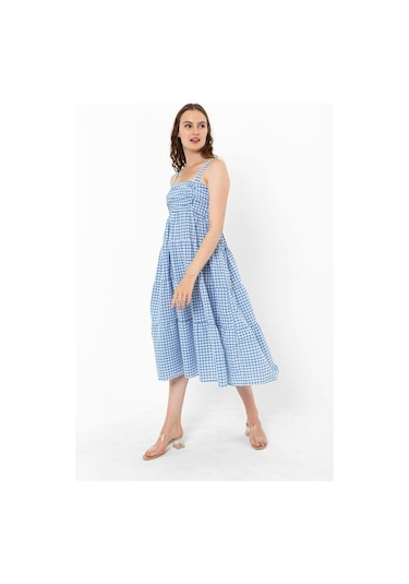 Askılı Pötikare Desenli Yazlık Midi Boy Kadın Elbise 1300