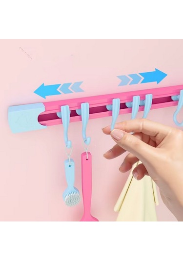 Yapışkanlı Portatif, Mobilya, Duvar, Dolap, Banyo Organizer Askılık, 10 Kancalı, 30 Cm, Pembe