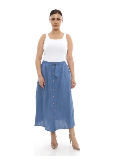 Büyük Beden Kadın Astarlı Müslin Kumaş Düğmeli Cepli Uzun Etek İndigo Mavi