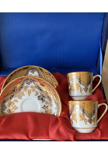 Güral Porselen El Dekoru 2 Kişilik Altın Yaldızlı Türk Kahve Finc