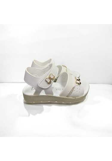 Yumuşak Taban Rahat Taşlı Tokalı Kız Çocuk Sandalet Beyaz