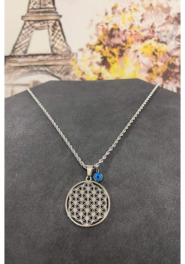 Gümüş Renk Kalın Zincir Nazar Boncuklu Çelik Hayat Ağacı Kolye 40