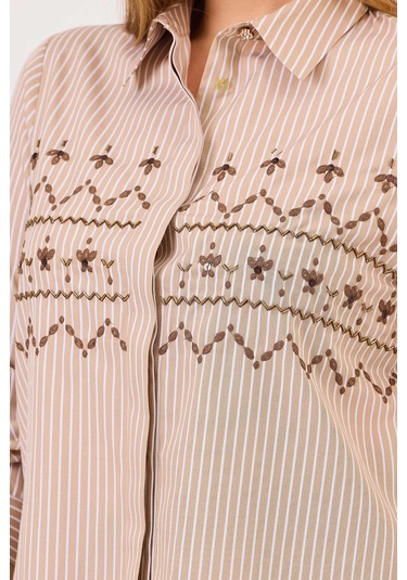 Galaxi Kadın Büyük Beden Çizgili Boncuk Detaylı Gömlek 4008 Vizon Vizon