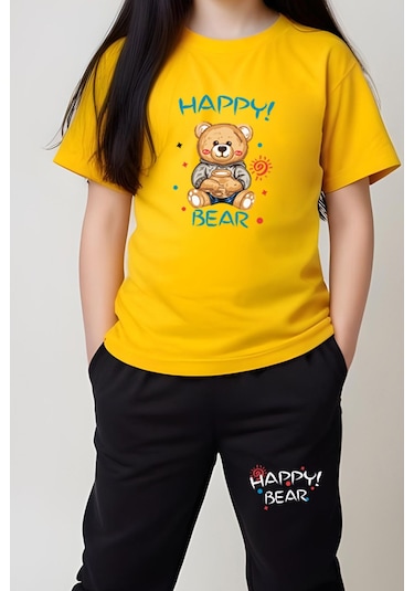 Fyk Kids Kız Çocuk Baskılı Happy Bear Bel Detayı Lastikli Alt-üst Pijama Takımı Sarı