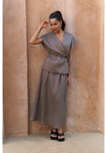 Fiametta Salaş Füme Keten Yelek Etek Takım Füme