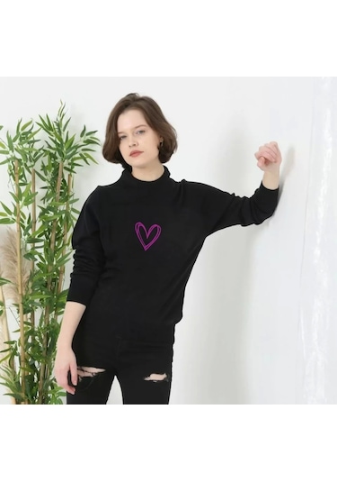 Defymoda Baskılı Uzun Kol Bisiklet Yaka Dokuma Triko - Siyah Siyah