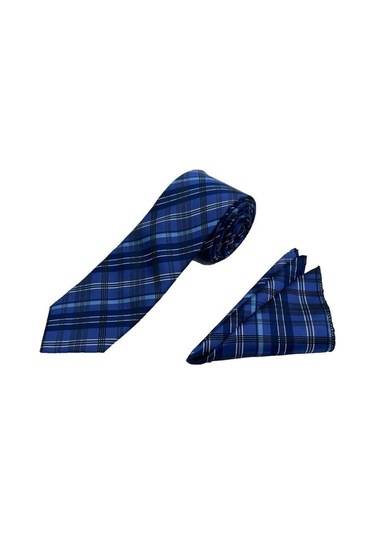 Brianze Mavi - Beyaz Ekose Desen Kravat Mendil Set Mavi