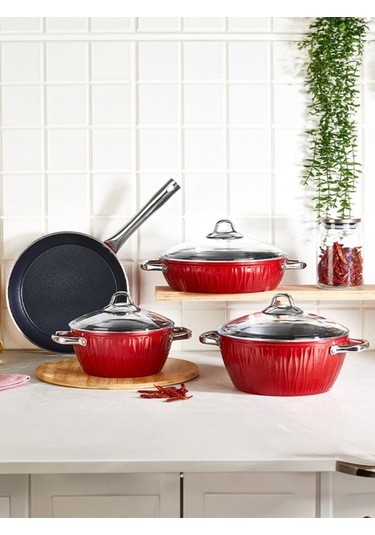 Markiz Alüminyum Granit 7 Parça Tencere Seti Kırmızı