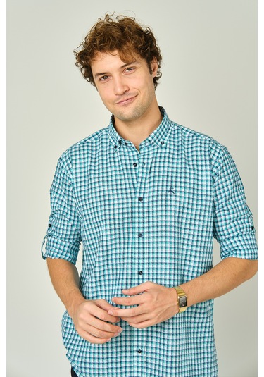 Figs Erkek Slim Fit Ekoseli Uzun Kollu %100 Pamuk Gömlek 0016 Mint Mint